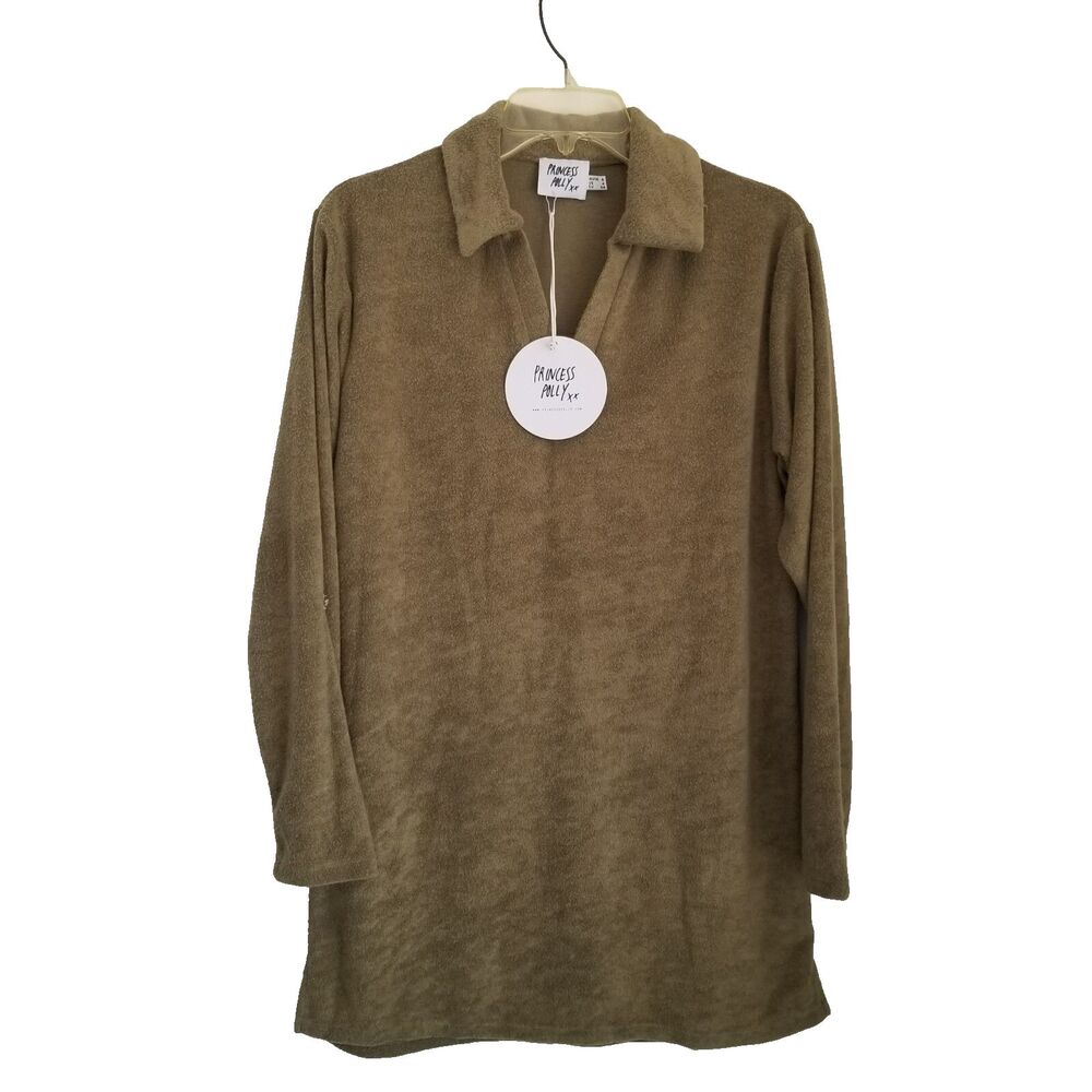 Princess Polly Farrah Mini Dress Womens 4 Khaki Green Long Sleeve Notched V-Neck